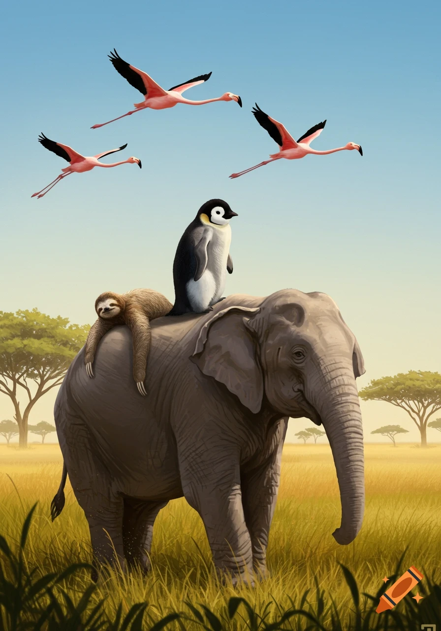 A baby emperor penguin and a sloth riding an elephant across a savannah with three flamingos flying overhead.