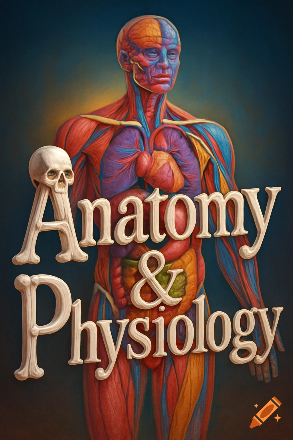Colorful illustration of a human anatomical figure with muscles, organs, and vessels, with a skull and the words 'Anatomy & Physiology' in bone-like letters.