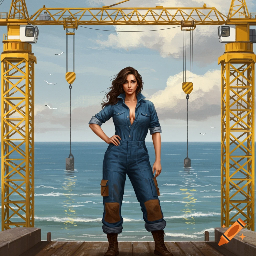 A woman in a denim jumpsuit stands between two large construction cranes overlooking the ocean.