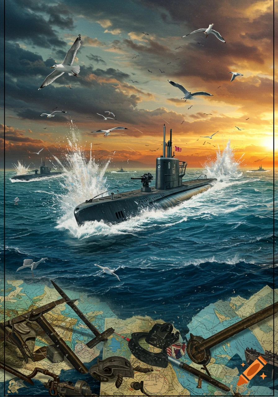 A World War 2 submarine battle scene with explosions on choppy seas, seagulls flying under a dramatic sunset, and a collage of maps and artifacts below.