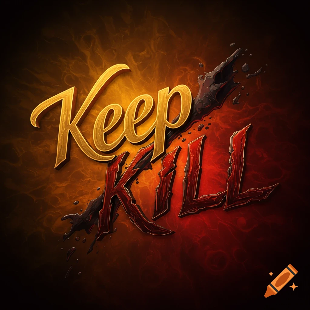 Golden script 'Keep' above jagged red 'Kill' on a fiery dark background with a black splash.