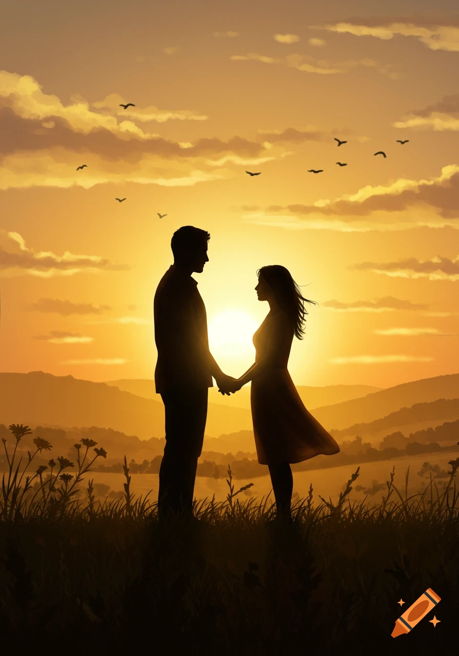 A silhouette illustration of a man and a woman holding hands against a vibrant sunset with mountains and fields.