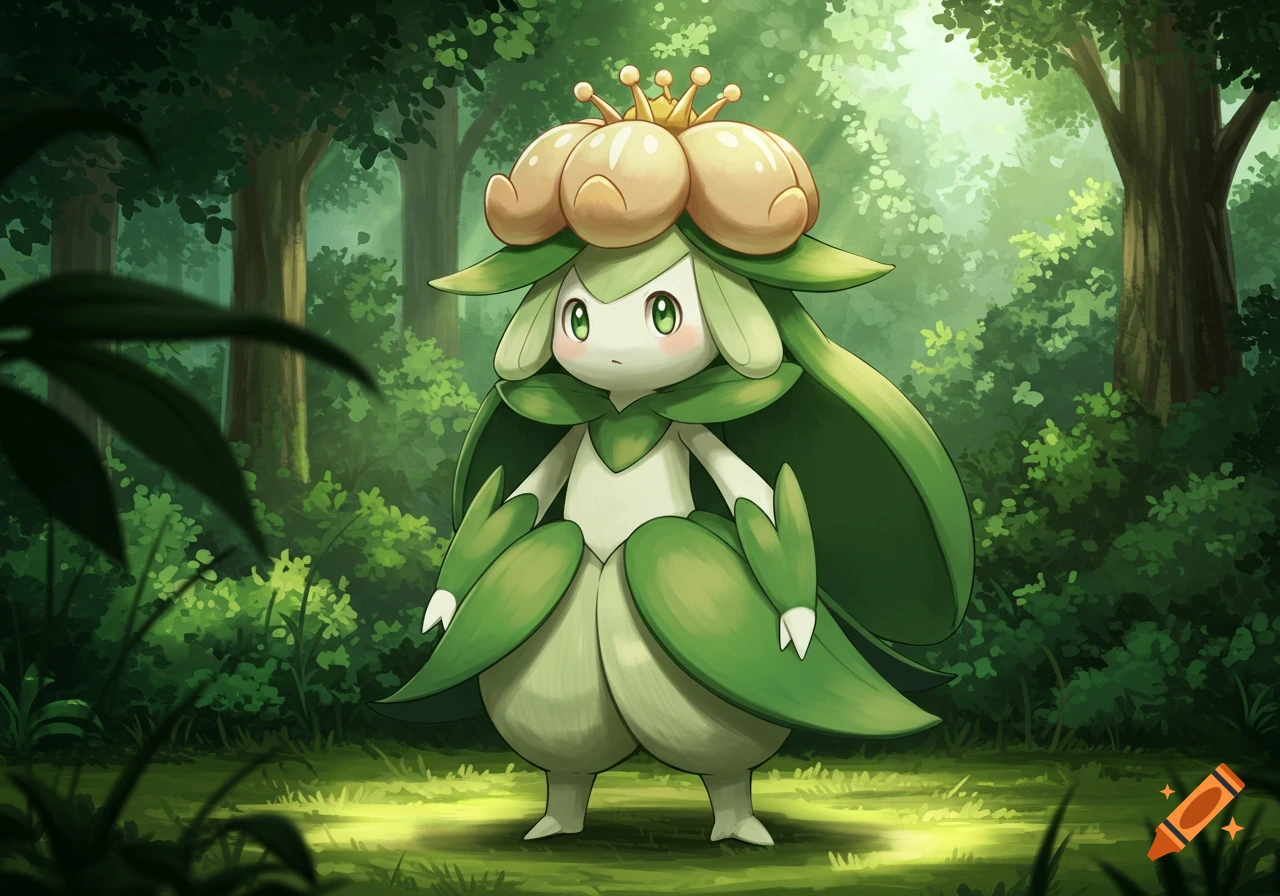 A cute, plant-like Pokémon with a large flower on its head and green leaves for a body stands in a sunlit forest clearing, anime style.