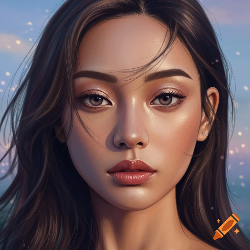 Close-up portrait of a young woman with dark hair and a glowing, sparkling background, digital art style.