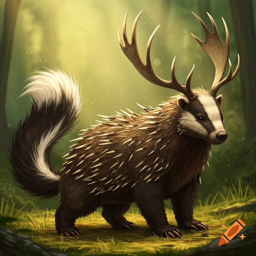 A fantastical creature with a badger's head, porcupine quills, a skunk's tail, and moose antlers stands in a sunlit forest.