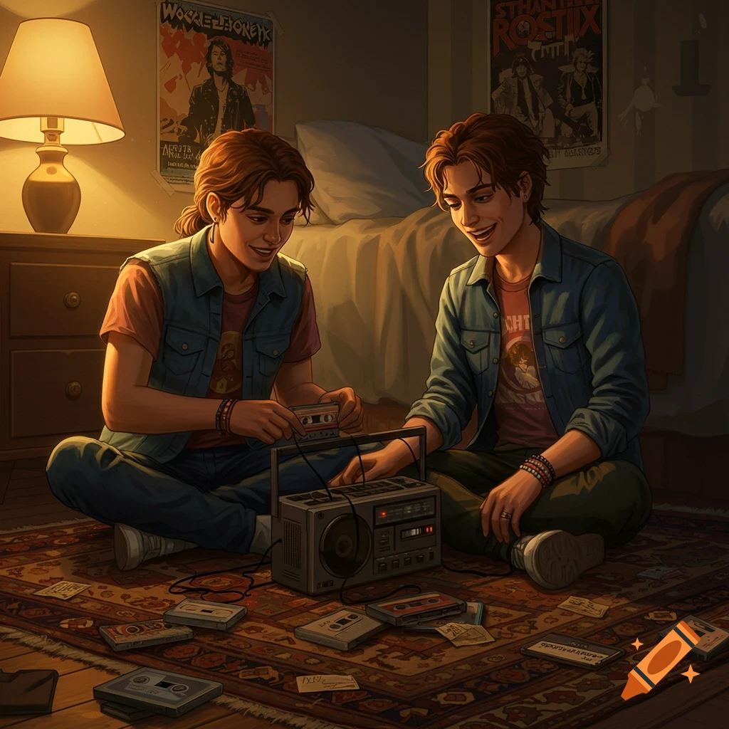 Two young men with long hair sit on a rug in a dimly lit room, interacting with a vintage cassette player and tapes, with posters on the wall.