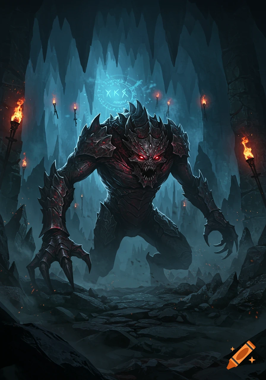A monstrous creature with glowing red eyes and spiky dark armor stands in a dark, torch-lit cave with glowing blue runes above it, in a digital painting style.