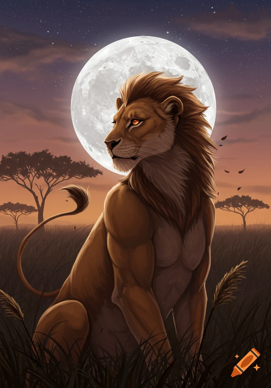 A stylized lion or lioness sits in a savanna under a large, bright full moon and starry night sky.