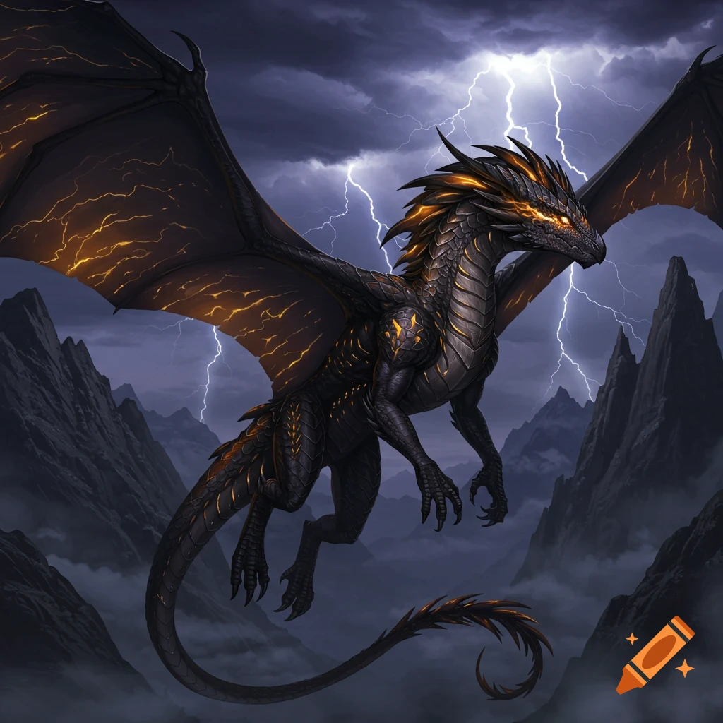 A majestic black and gold dragon with glowing eyes flies through a stormy mountain landscape with lightning striking.