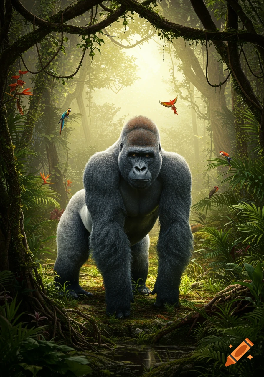 Photorealistic image of a large gorilla standing on all fours in a lush, sunlit jungle with tropical birds.