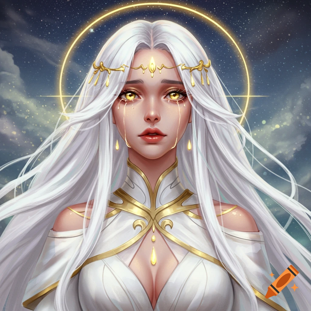 A digital painting of a goddess-like woman with long white hair, golden eyes crying gold tears, a golden halo, and a white and gold ornate outfit, set against a starry night sky.