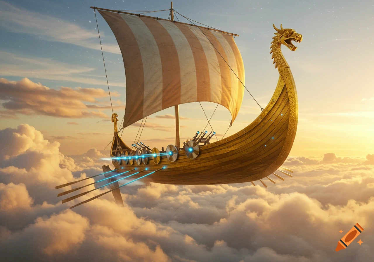 A golden Viking longship with laser cannons and blue propulsion rays floats above clouds at sunset, rendered in a photorealistic fantasy style.