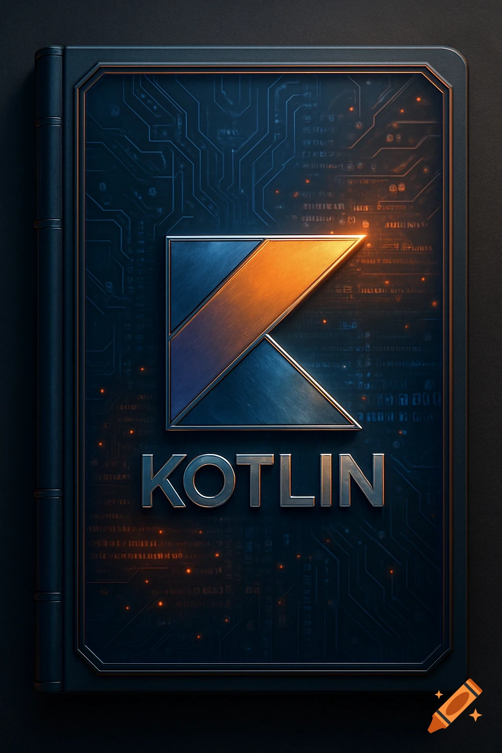 A dark notebook cover with a metallic Kotlin logo and the word 'KOTLIN' in silver, set against a dark blue circuit board pattern background.