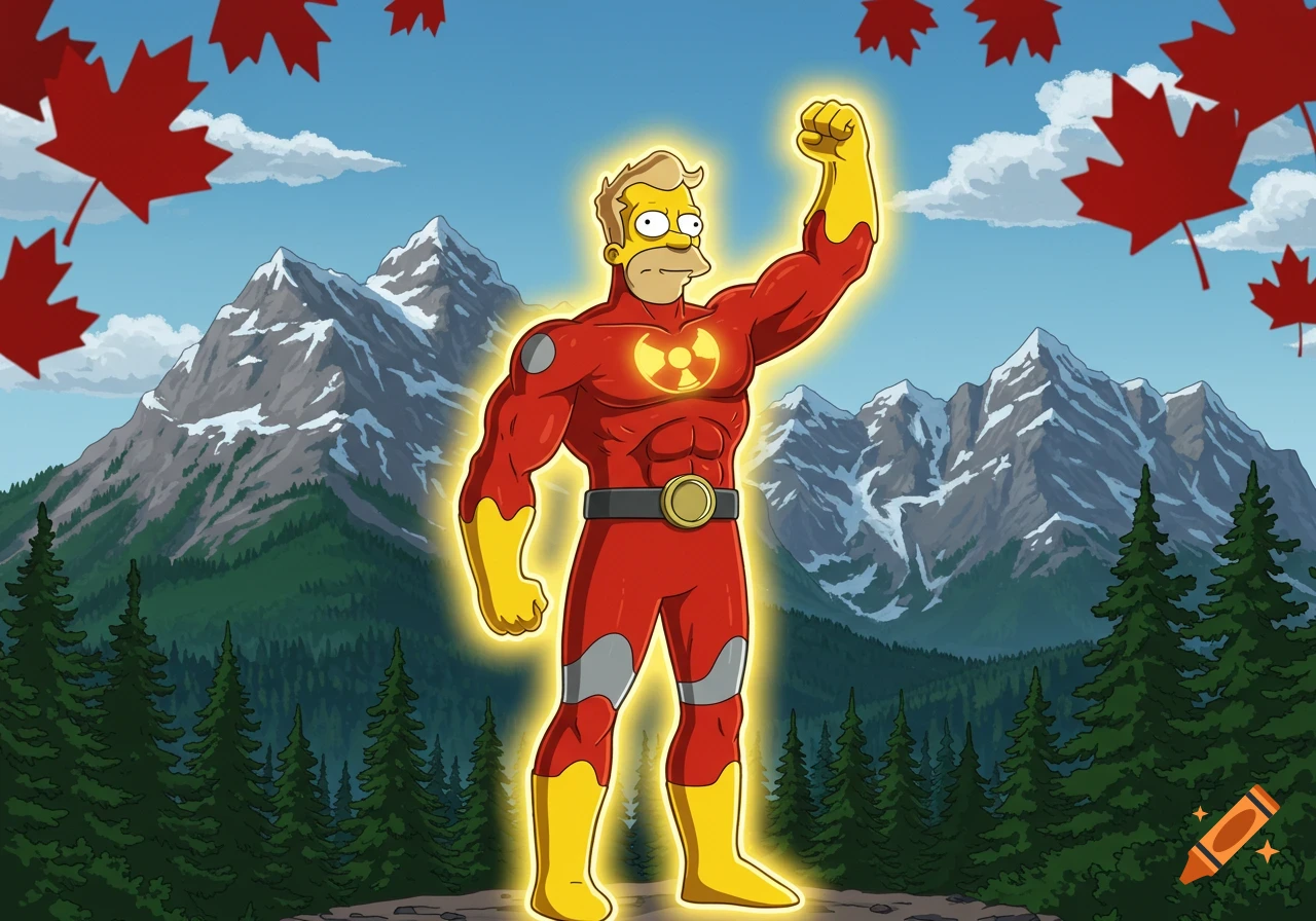A Simpsons-style superhero with a glowing radioactive symbol on his chest, standing heroically in front of snowy mountains and red maple leaves.