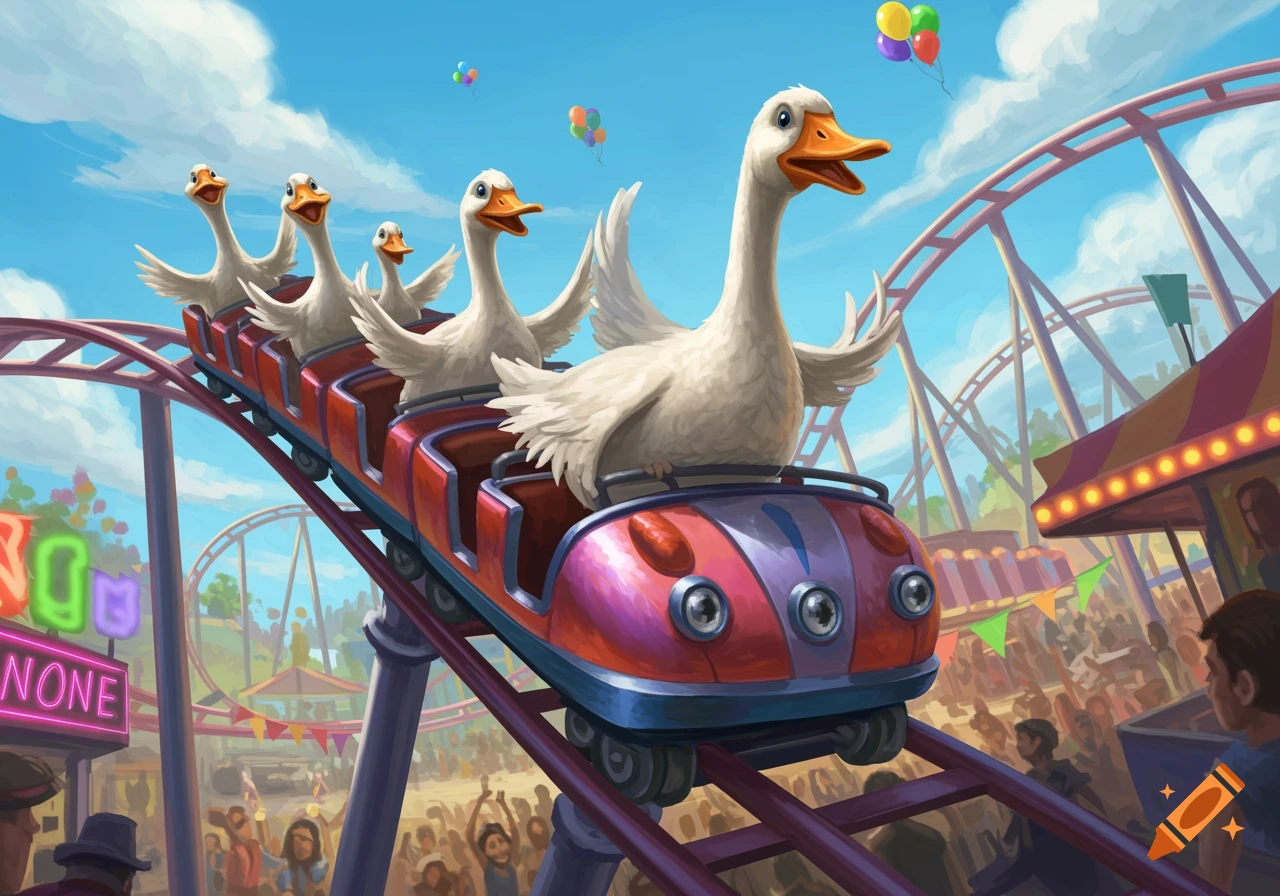 Cartoon geese ride a roller coaster at an amusement park under a blue sky.