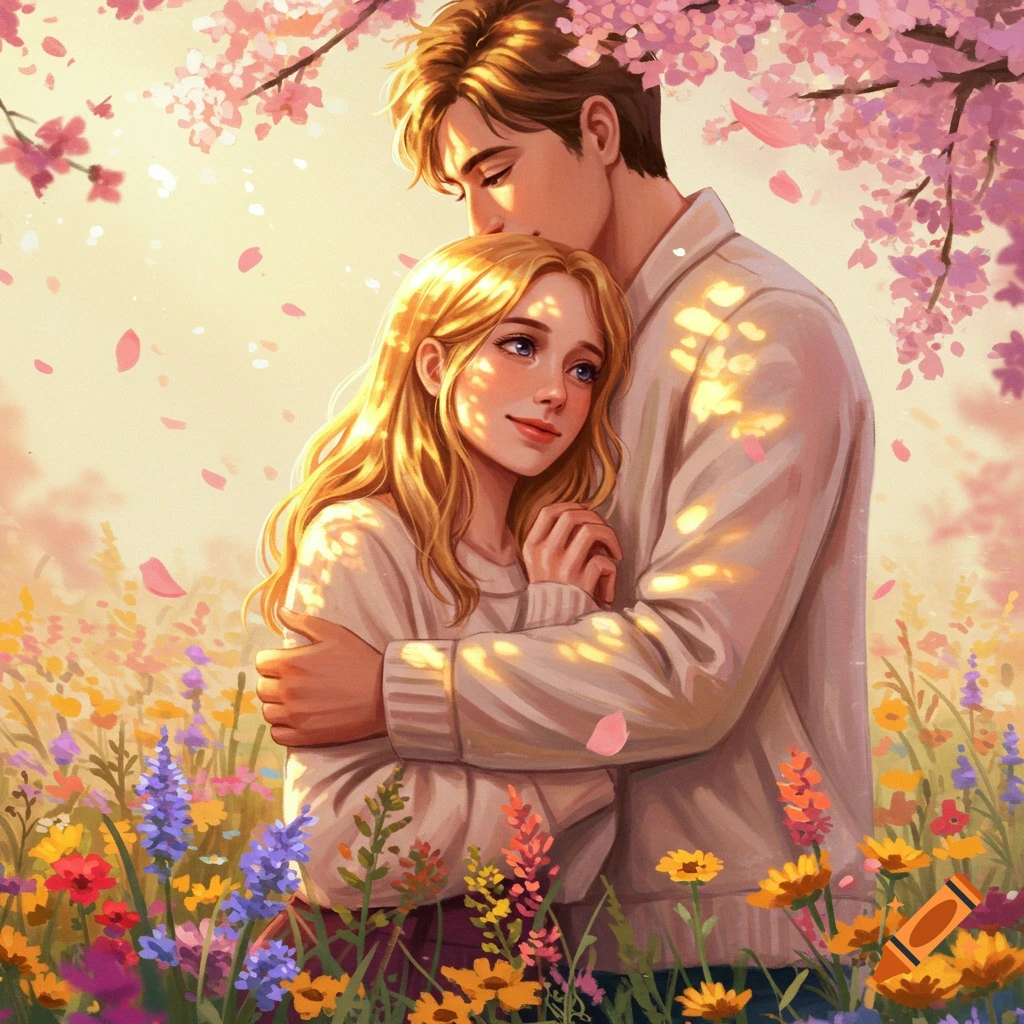 An illustrated man gently kisses a woman's forehead as they embrace in a field of colorful flowers under pink cherry blossoms.