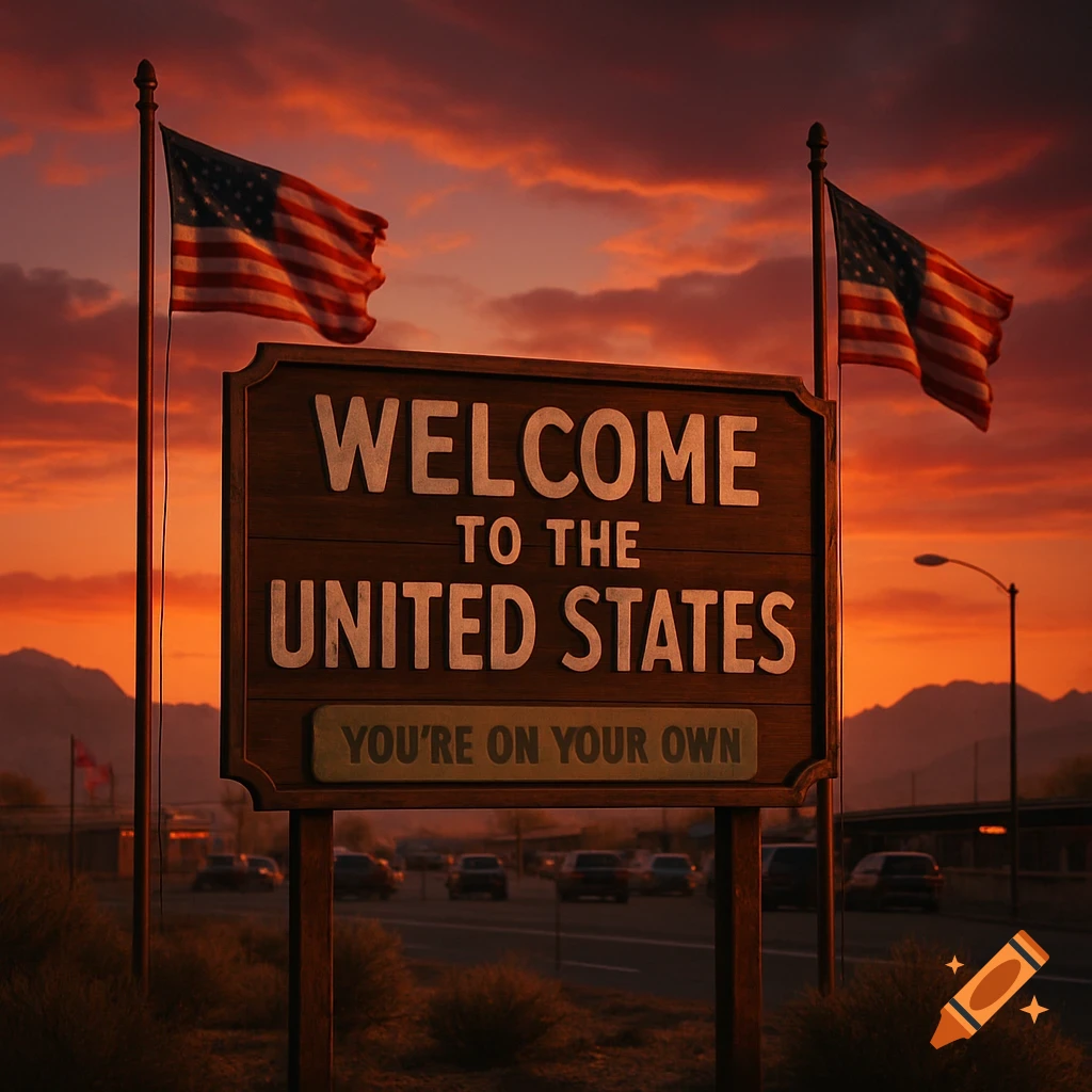 Photorealistic image of a 'Welcome to the United States' sign with 'You're on your own', flanked by US flags at sunset.