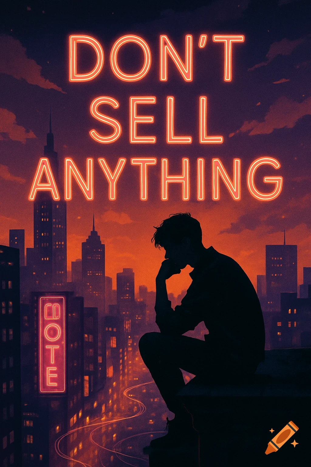 Silhouette of a man on a rooftop overlooking a vibrant city at night, with large neon text in the sky reading "DON'T SELL ANYTHING."