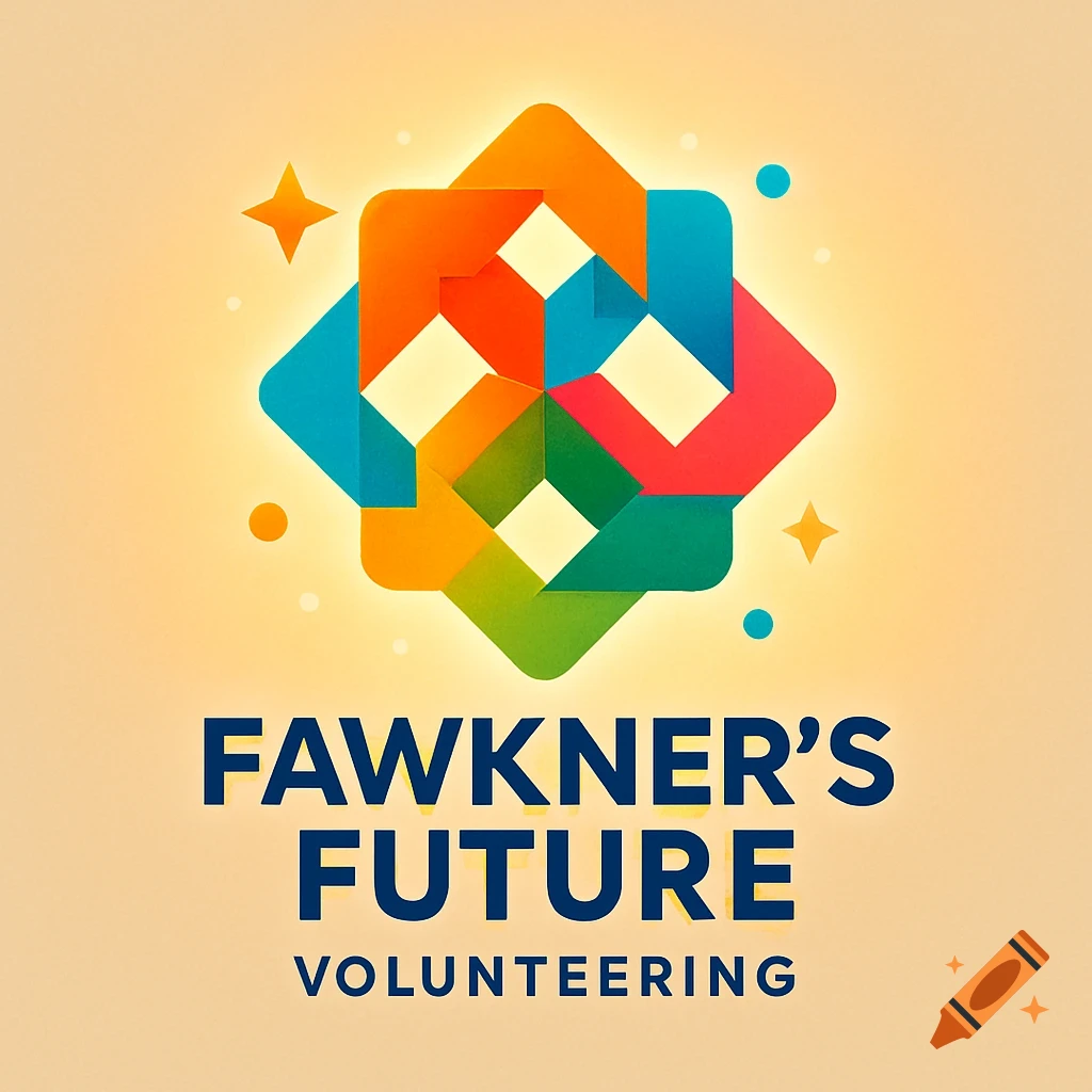 A bright, colorful abstract logo with geometric shapes, stars, and dots, with the text 'FAWKNER'S FUTURE VOLUNTEERING' below.