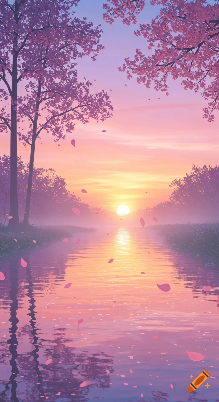 Anime-style serene sunset over a river with pink cherry blossom trees and falling petals, in a soft purple and orange palette.