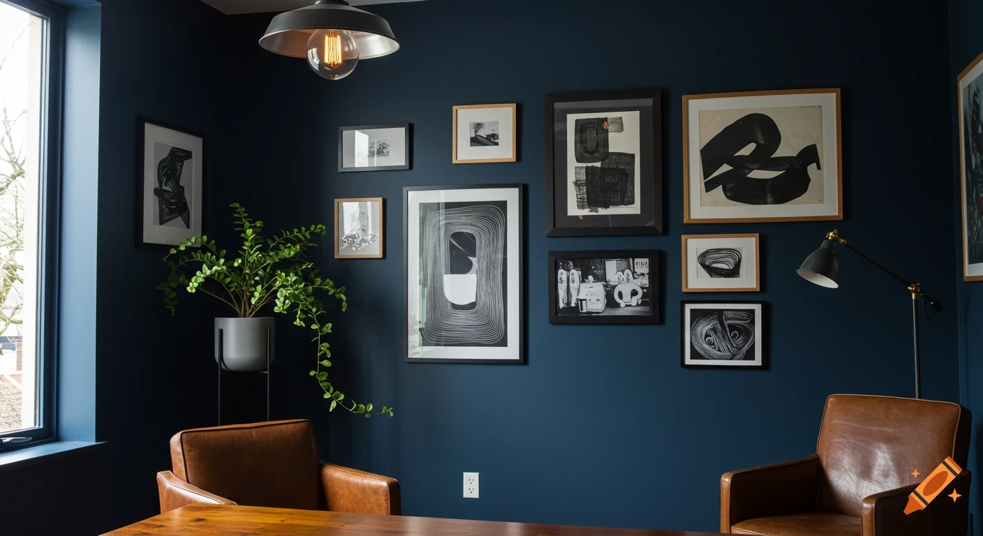 A modern home office with dark blue walls, a gallery of abstract art, a plant, and two brown leather armchairs.