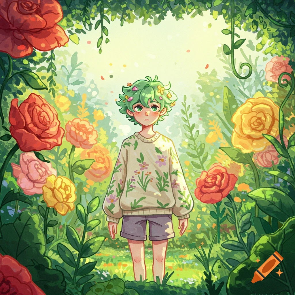 An anime-style drawing of a child with green, flowered hair and a floral sweater standing in a vibrant, lush garden filled with large colorful flowers.