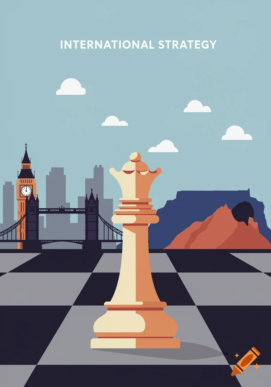 Flat illustration of a chess queen on a chessboard, with London landmarks and Table Mountain in the background, and 'INTERNATIONAL STRATEGY' text.