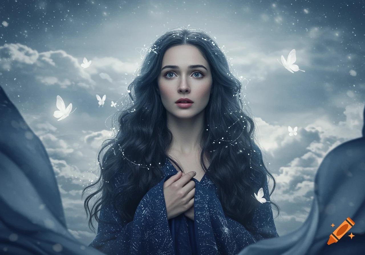 A woman with dark wavy hair and blue eyes looks up against a starry, cloudy sky with glowing butterflies, wearing a dark, star-patterned robe.