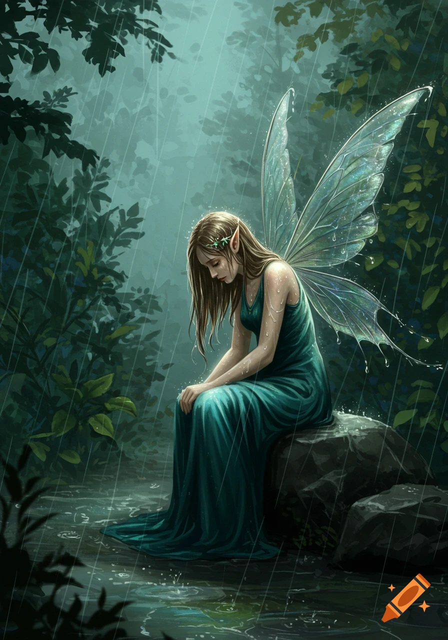 A sad fairy with wet wings sits on a rock in the rain in a dark forest.