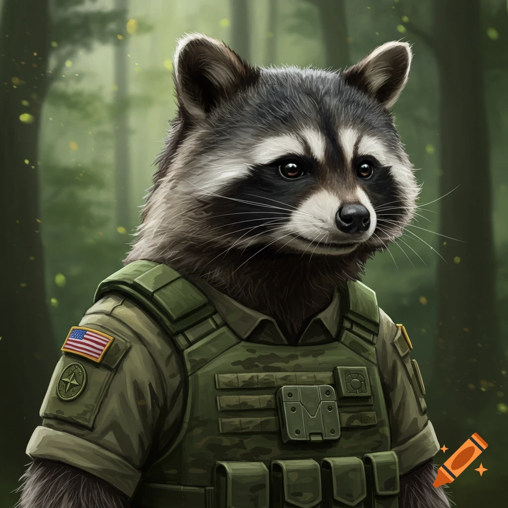 A detailed profile portrait of a raccoon wearing green military fatigues and body armor, with an American flag patch on its shoulder, standing in a forest.