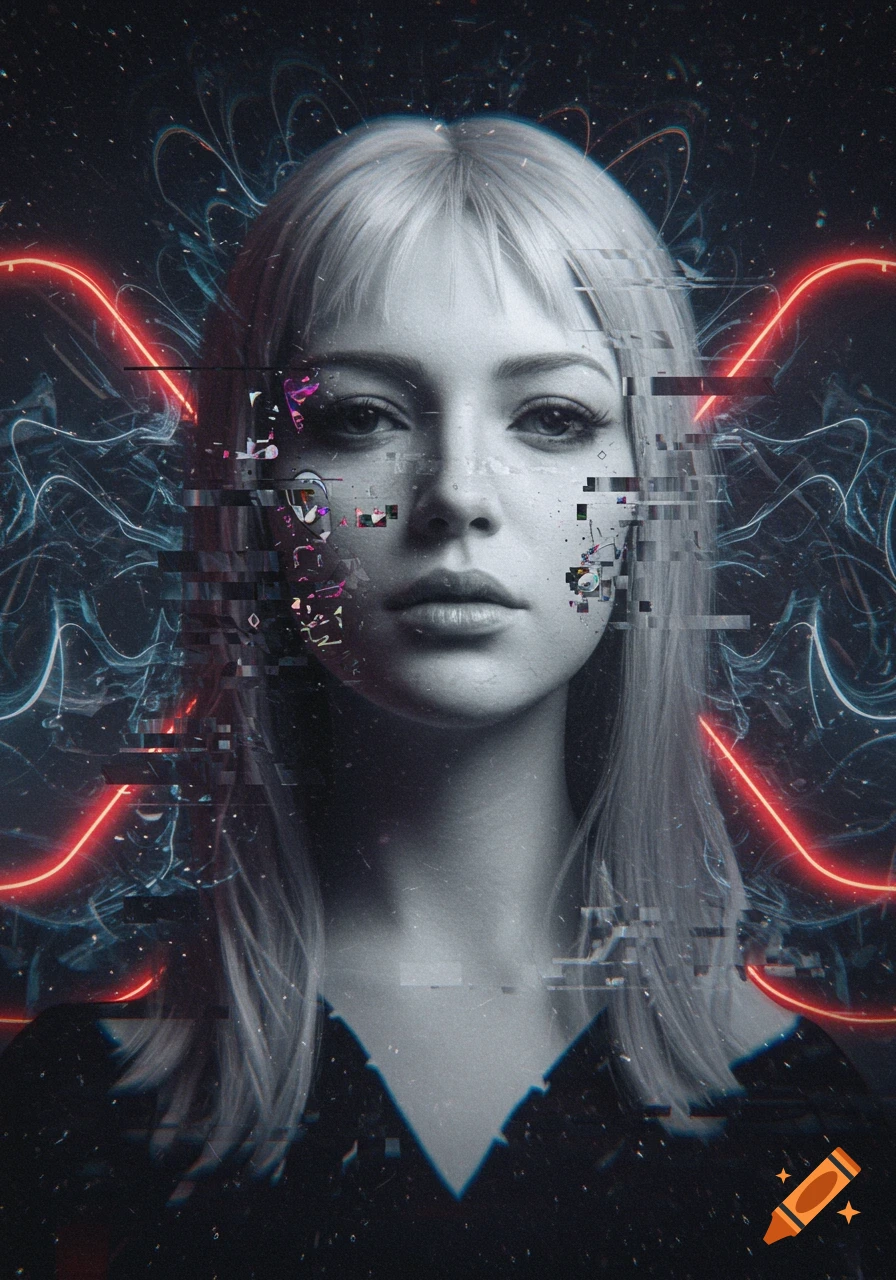 Monochrome portrait of a woman with blond hair, surrounded by red neon lines and digital glitch artifacts.