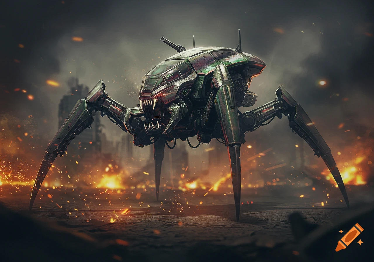 A detailed, dark image of a sci-fi military spider mech with sharp teeth standing on a fiery, debris-strewn ground amidst a smoky, destroyed cityscape.