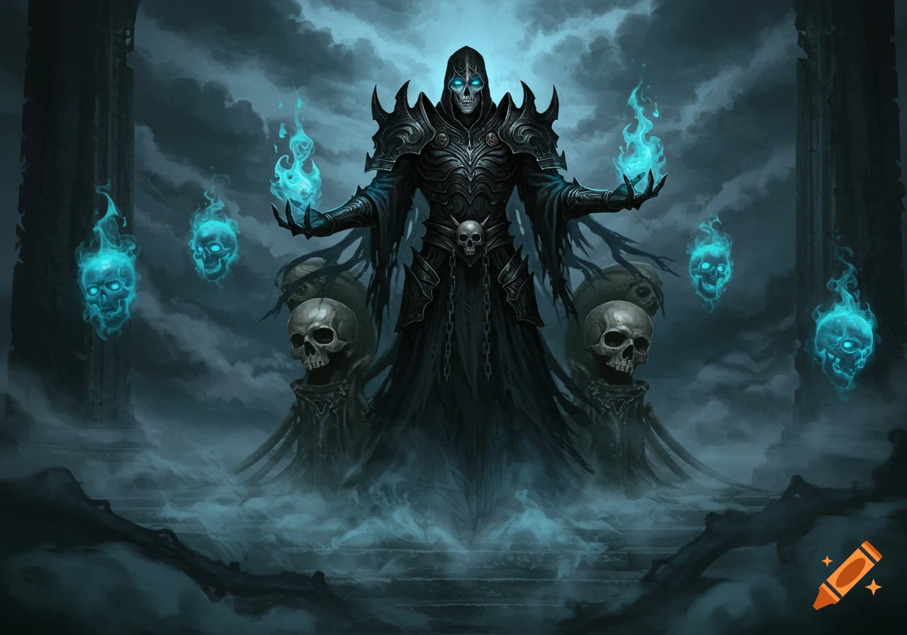 A dark fantasy art piece showing a hooded necromancer in black armor with glowing blue eyes, surrounded by skulls and blue fire in a misty, dark environment.