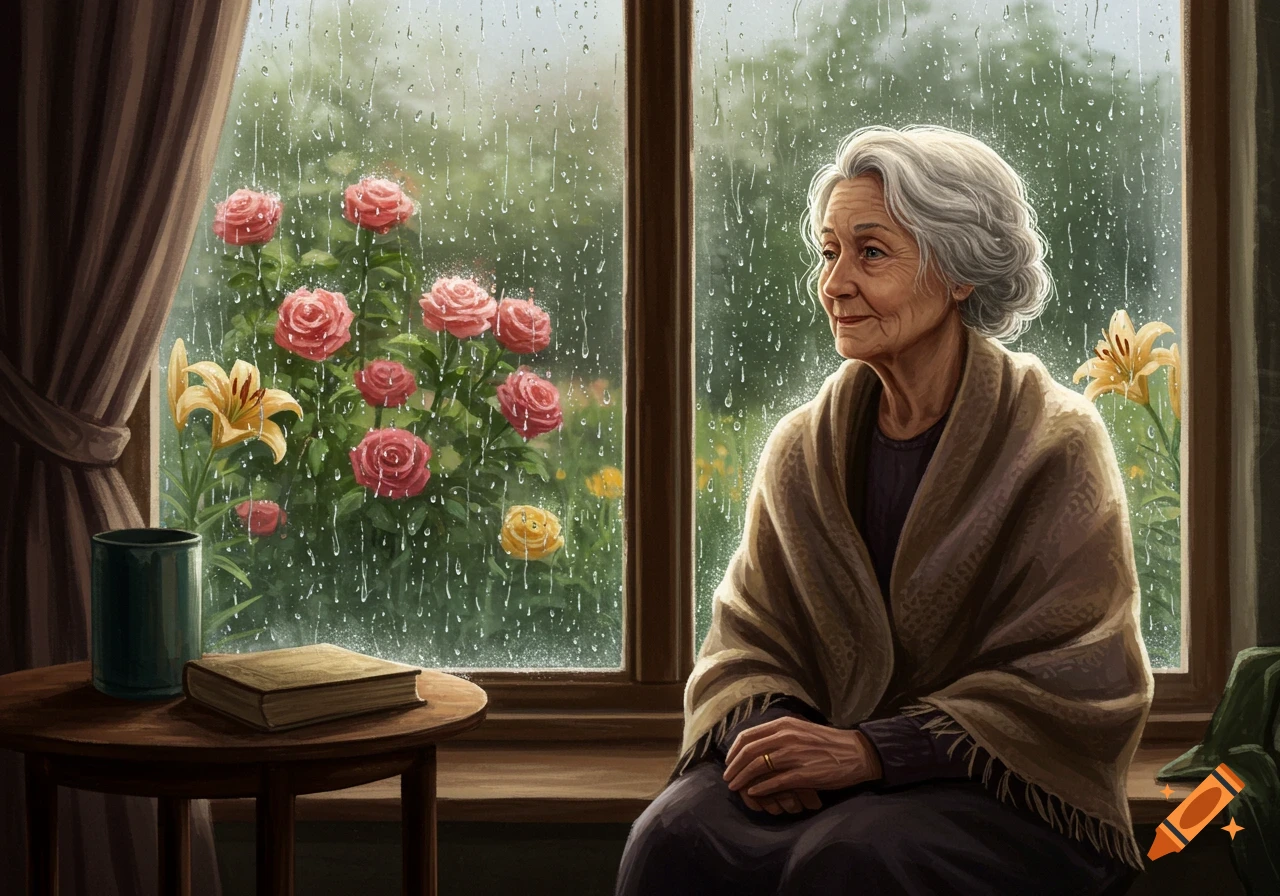 An older woman with white hair sits by a window, looking out at a rain-streaked flower garden with pink roses and yellow lilies.