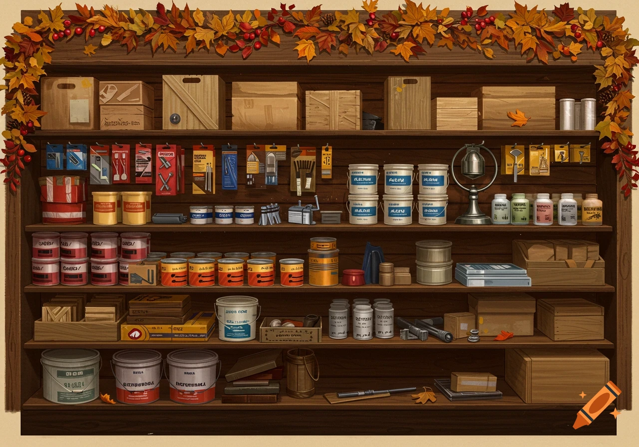 A well-organized retail store shelf displays paint cans, hardware, and tools, adorned with autumn leaves.