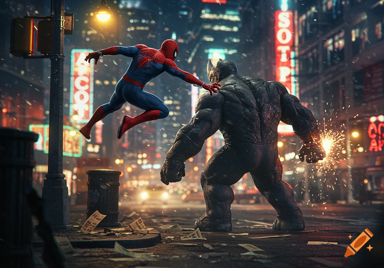 Spider-Man in his blue and red suit leaps towards the large, armored Rhino in a rainy, neon-lit city street at night, a cinematic action scene.