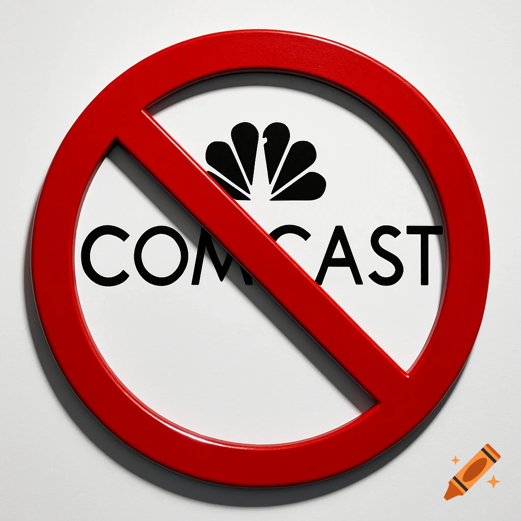 A red no symbol over the black Comcast logo and NBC peacock on a white background.