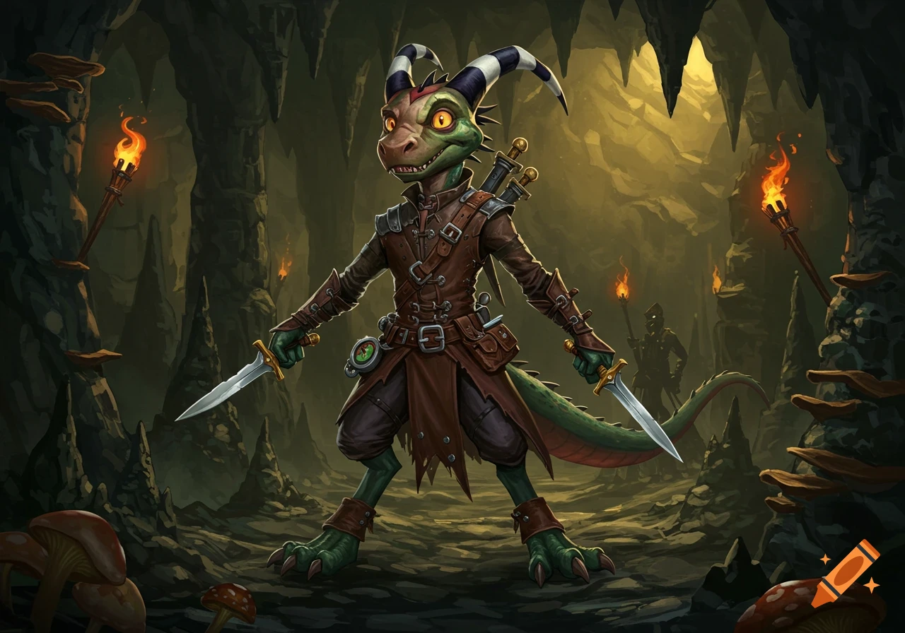 A green, scaly kobold character with striped horns, wearing leather armor and holding two daggers, stands in a torch-lit cave.