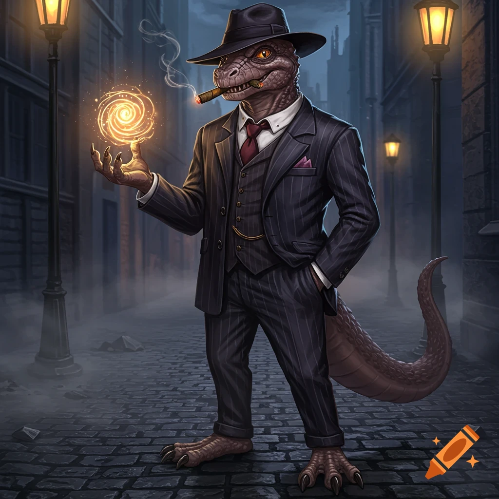 A lizard-man in a pinstripe suit and fedora smoking a cigar, holding a glowing magical orb, standing on a cobblestone street at night.