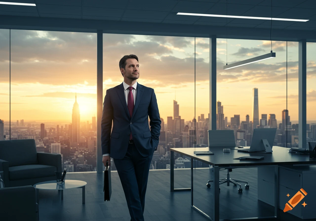 A businessman in a suit walks through a modern office overlooking a city skyline at sunset.