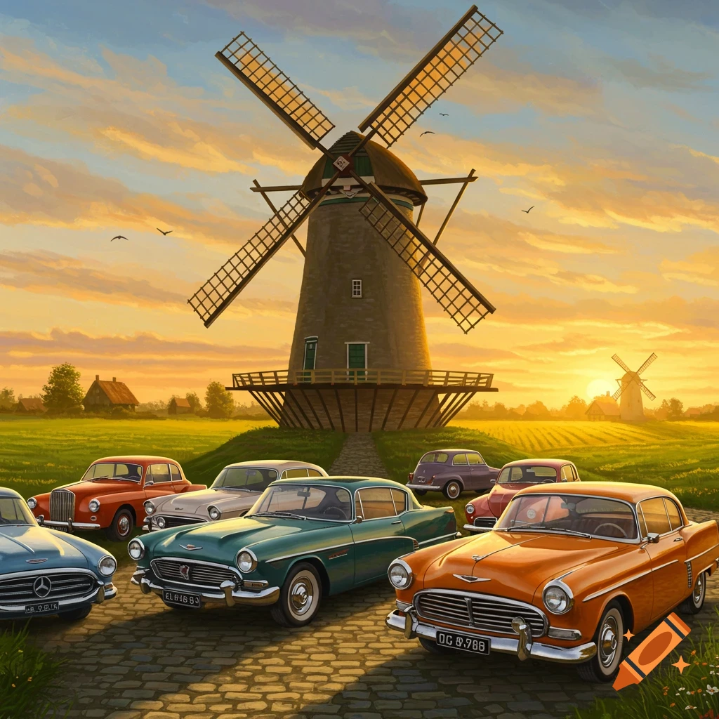 Classic cars parked on a cobblestone path in a field with a large windmill at sunset.