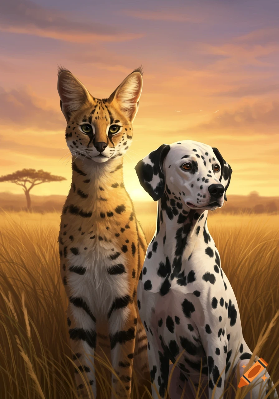 A serval and a Dalmatian dog stand together in a golden savanna field at sunset, digital painting.