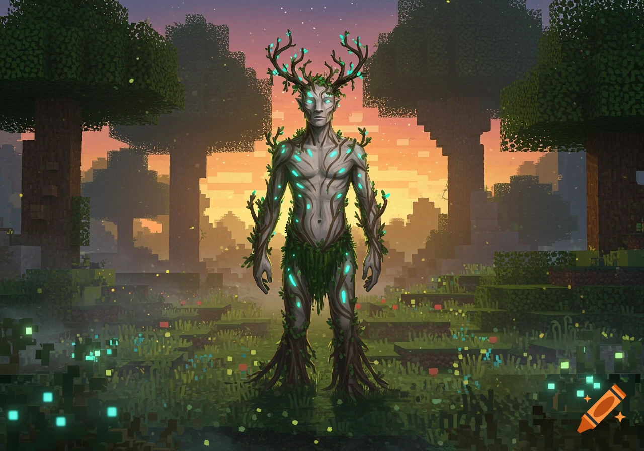 A human-like treant with glowing blue markings and antlers stands in a pixelated Minecraft-style forest at sunset.