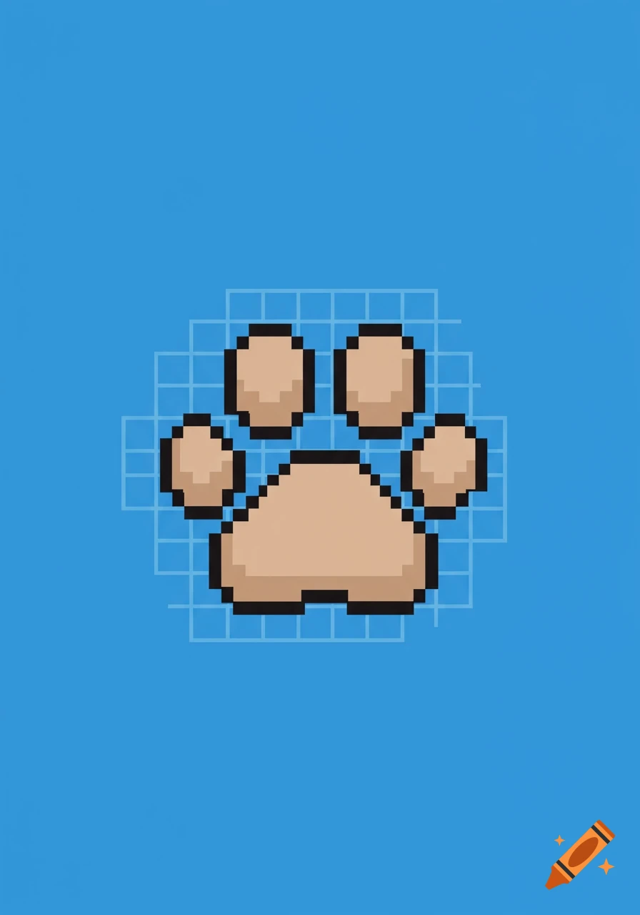 A brown pixelated dog paw on a blue background with a subtle grid.