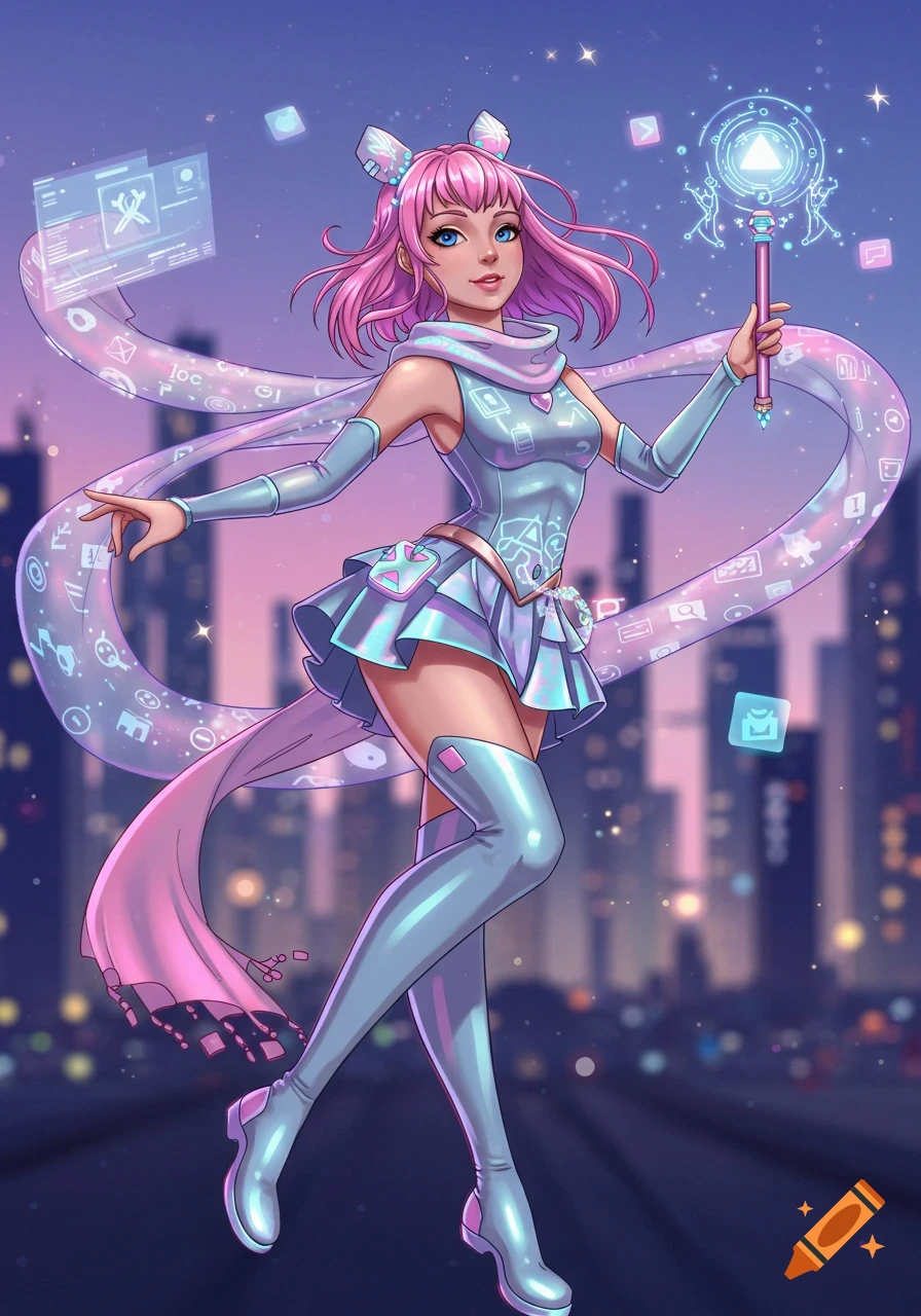 A pink-haired anime-style magical girl with a holographic outfit and cat ears holds a glowing staff amidst floating tech symbols, against a city skyline at dusk.