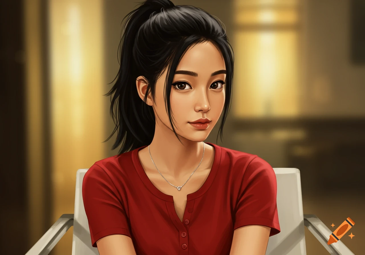A digital art portrait of a young Asian woman with black hair in a high ponytail, wearing a red shirt and a silver necklace.