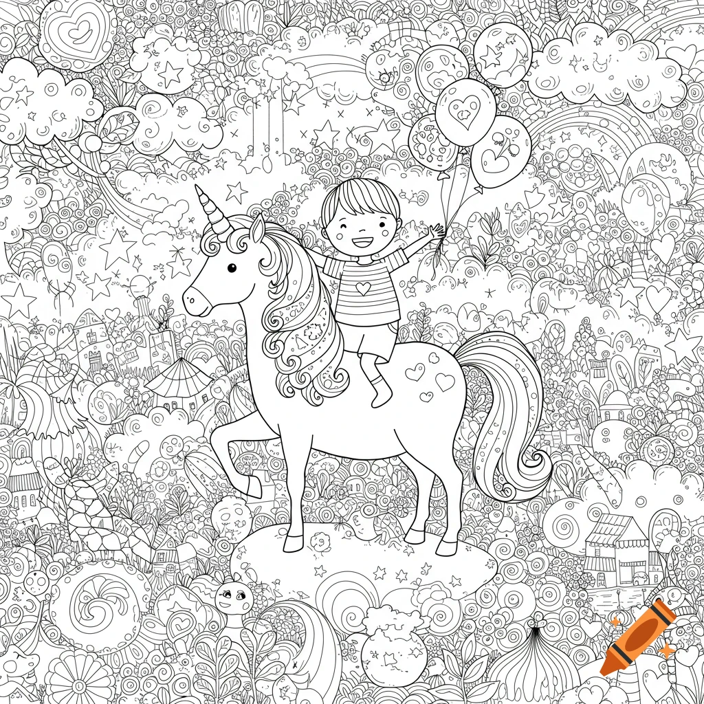 Black and white coloring page featuring a happy boy riding a unicorn, holding balloons, surrounded by a whimsical, detailed background.