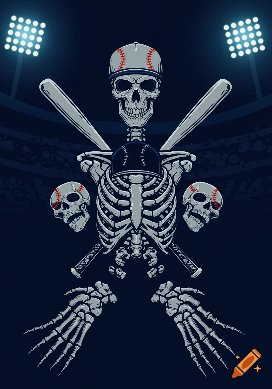 A stylized skeleton in a baseball cap with crossed bats and two baseball-skulls, against a dark stadium background with lights.