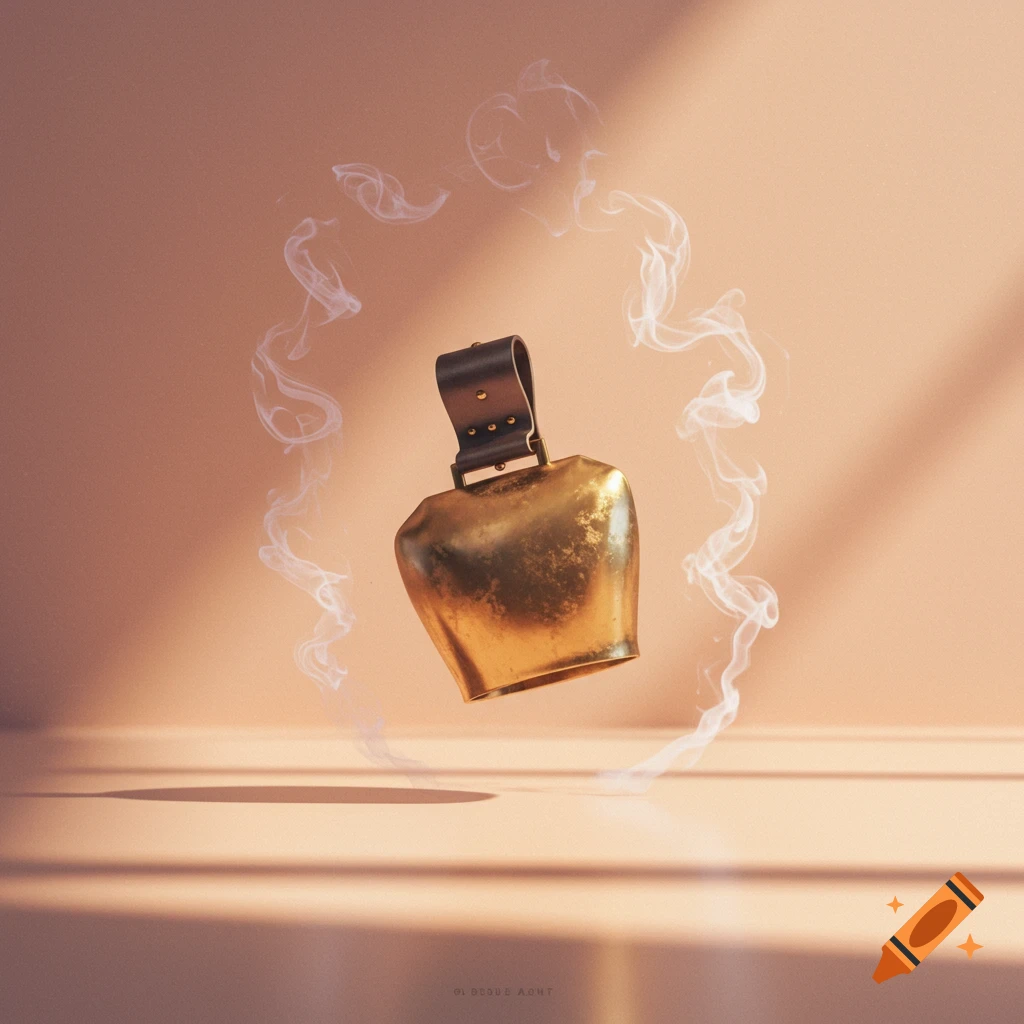A golden cowbell floats suspended in a peach-colored room, surrounded by wisps of smoke.