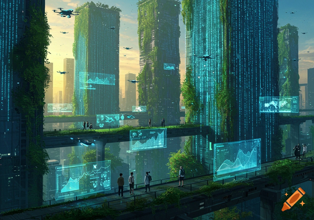 A futuristic cityscape with tall buildings covered in green vines and glowing blue digital code. People walk on sky-bridges with holographic displays, and drones fly above.